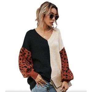 Miracle Colorclock V-neck Sweater with Leopard Sleeves